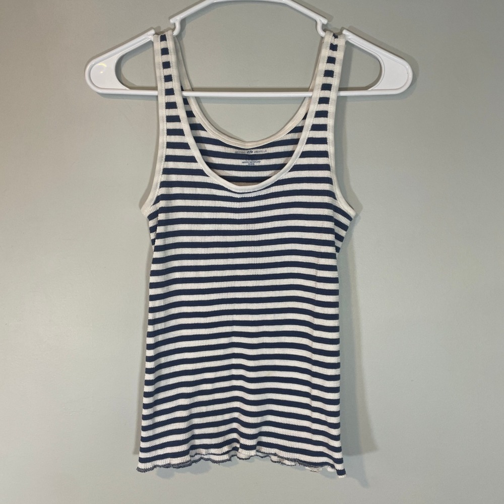 Brandy Melville Navy Blue White Striped Ribbed Lettuce Edge Tank Top S Waffle
